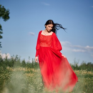 Corset dress-Red dress-Lace dress-Descended shoulders-Veil skirt-Veil dress-Elegant dress-Party dress-Wedding dress-Luxury wear image 6