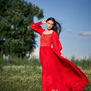 Corset dress-Red dress-Lace dress-Descended shoulders-Veil skirt-Veil dress-Elegant dress-Party dress-Wedding dress-Luxury wear image 7