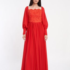 Corset dress-Red dress-Lace dress-Descended shoulders-Veil skirt-Veil dress-Elegant dress-Party dress-Wedding dress-Luxury wear image 3