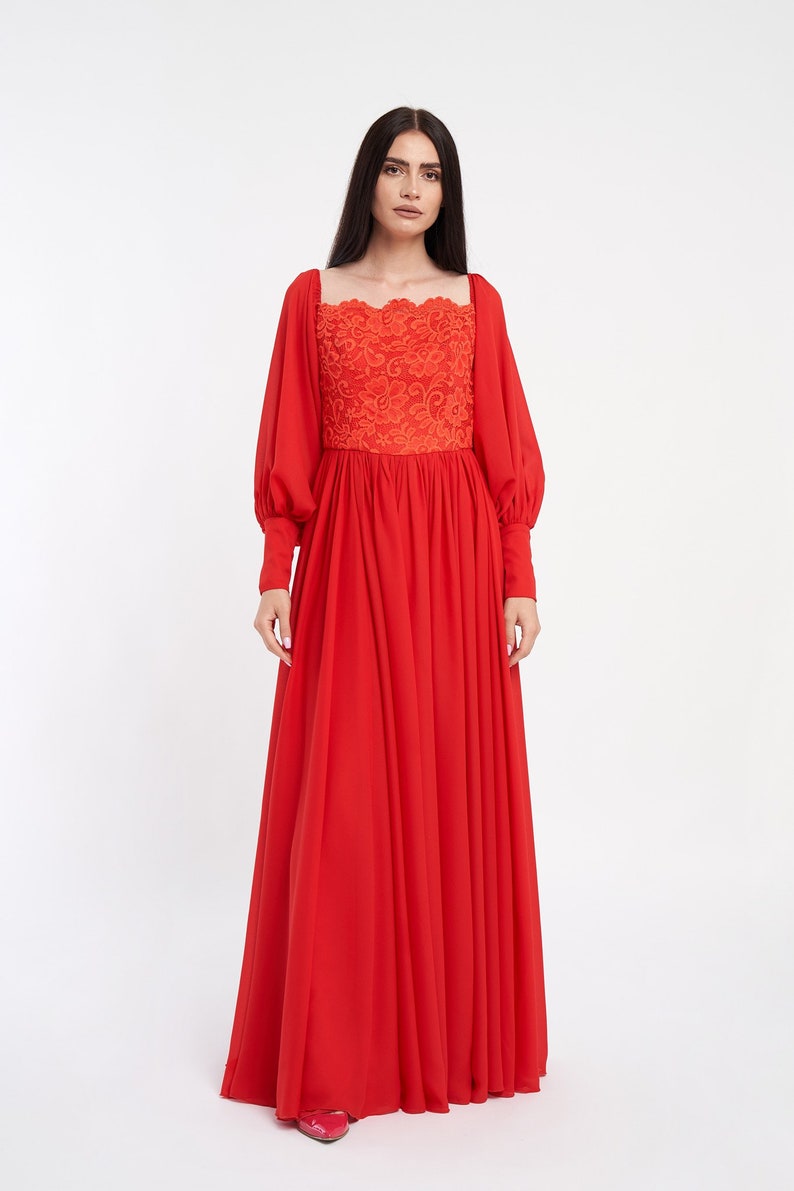Corset dress-Red dress-Lace dress-Descended shoulders-Veil skirt-Veil dress-Elegant dress-Party dress-Wedding dress-Luxury wear image 3