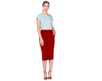 Pencil velvet skirt-Midi skirt-Lateral pockets skirt-Luxury wear-Elegant suit