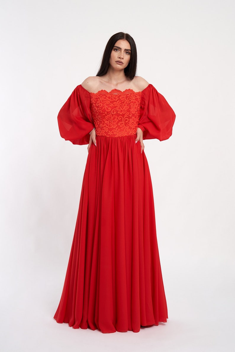 Corset dress-Red dress-Lace dress-Descended shoulders-Veil skirt-Veil dress-Elegant dress-Party dress-Wedding dress-Luxury wear image 4