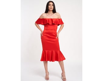 Bodycon vestido de volantes-Vestido Midi-Vestido de crepe-Volante de Cloche-Vestido de sirena-Vestido de verano-Vestido de noche-Tela de alta calidad-Ropa de lujo