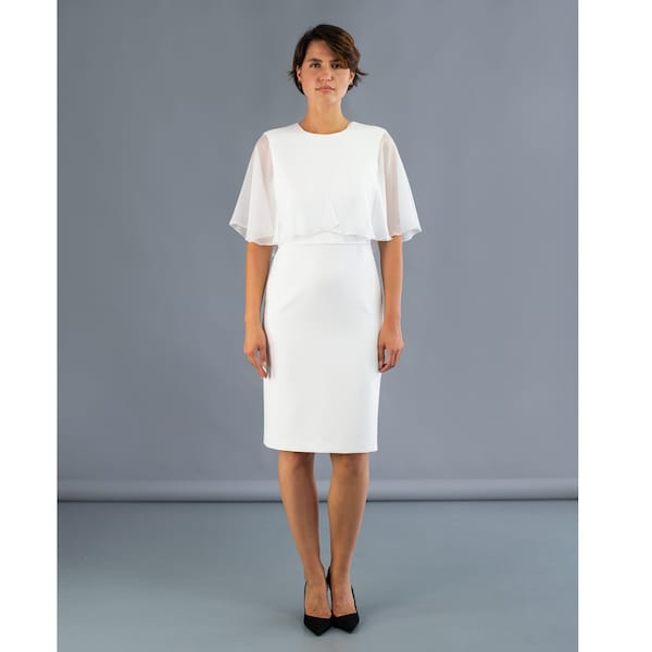 Veil sleeve dress-Civil union-Crepe dress-Half wing sleeves-Elegant dress-Luxury wear-Veil sleeves-High quality fabric-White dress