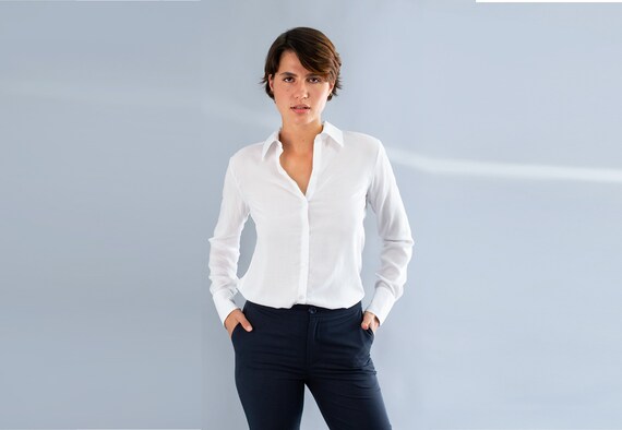 Camisa clasica viscosa para mujer Boton camisa Camisa de manga larga Secretaria camisa Elegante camisa Ropa de lujo Tela de alta calidad Etsy Espana