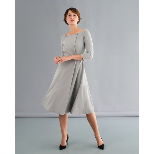 Retro dress-Midi dress-Fine fabric dress-Boat neckline-A shape dress-Button dress-Elegant dress-Luxury wear-High quality fabric-Gray dress