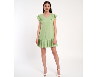 Short linen dress-A shape dress-Ruffle sleeves-Short sleeves-Ruffle skirt-Elegant dress-Cocktail dress-High quality fabric-Luxury wear