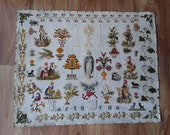 Sampler, tapestry, needlework. French sampler, woolwork on backcloth with various trees, figures and animals all hand worked, stiched