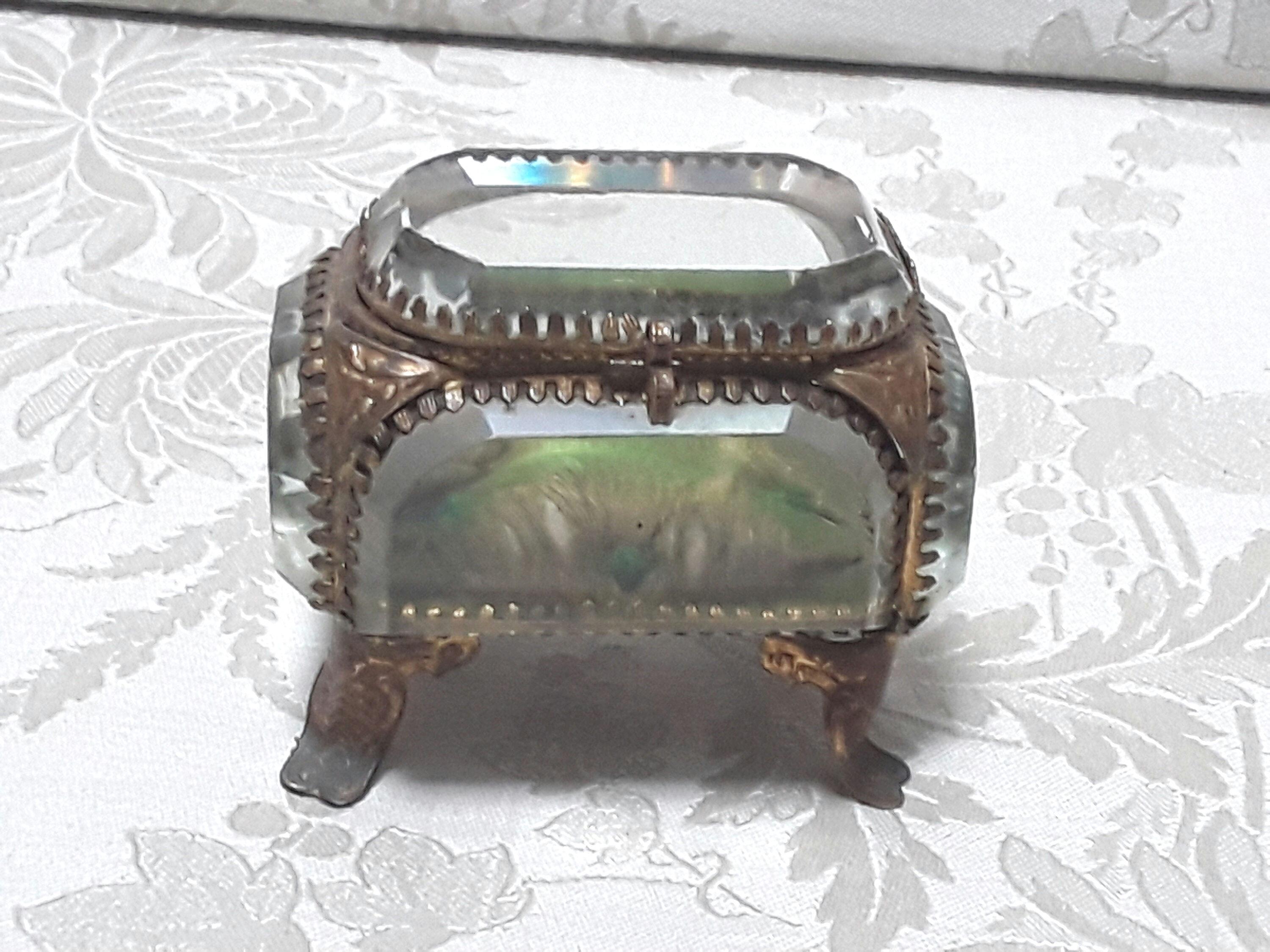 Antique French jewellery box, pocket watch, ring box.  Chunky bevelled glass and brass casket with claw setting and green  cushion interior