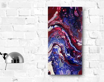 Tableau vagues abstraites et bulles sur toile, Bleu Magenta et Blanc 50x25cm, peinture contemporaine, pièce unique, déco murale