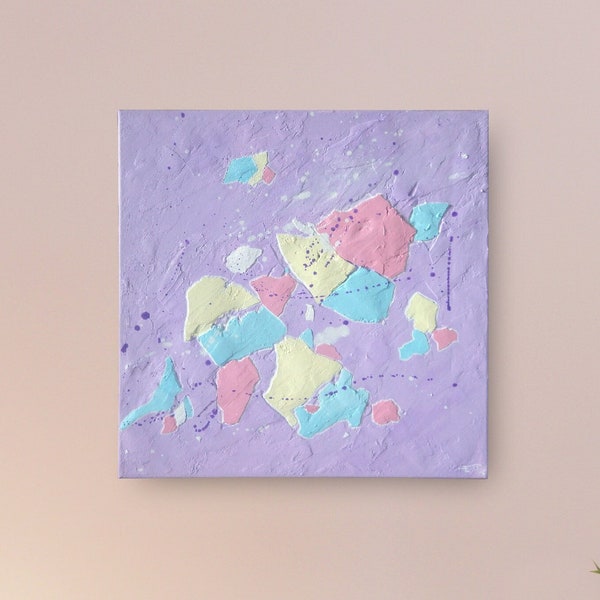 Tableau abstrait en relief Violet Bleu Rose Jaune Pastel couleurs naïves 40cm x 40cm Décoration intérieure murale Peinture moderne