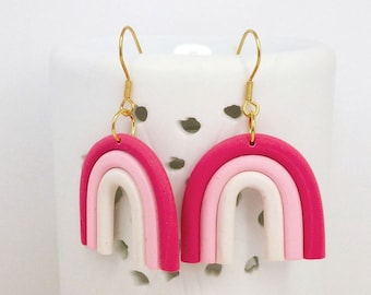 Boucles d'oreilles Arc-en-ciel Rose et blanc, acier inoxydable doré et argile polymère, fun et légères, super confortables, kawaii