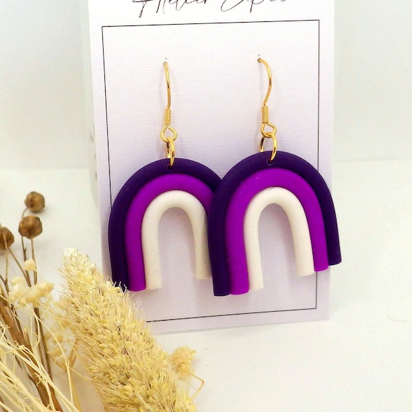 Boucles d'oreilles Arc-en-ciel Violet et Blanc, Acier inoxydable doré et argile polymère, fun et légère, confortables et kawaii