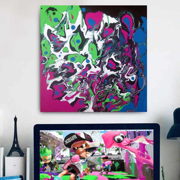 Tableau abstrait pop style Splatoon sur toile, Décoration murale 40 x 40cm, rose vert bleu blanc, couleurs vives, déco chambre ado