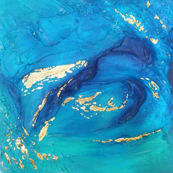 Tableau abstrait en relief Bleu turquoise et Feuille d'or 30x30cm, Art mural océan, lagon 3D bleu et doré, acrylique sur toile, tableau bleu