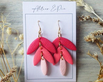 Pink leaf earrings made with polymer clay and golden stainless steel, cute and light