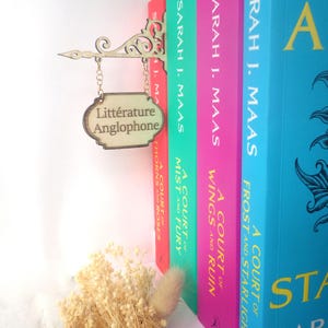 May include: A wooden sign with the text "Littérature Anglophone" hangs in front of a row of colorful books. The books are titled "A Court of Thorns and Roses", "A Court of Mist and Fury", "A Court of Wings and Ruin", and "A Court of Frost and Starlight".