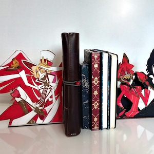 Radioapple Bookends, Alastor and Lucifer Morningstar, Hand Painted Wooden Hazbin Hotel Bookends, Custom Made Decoration