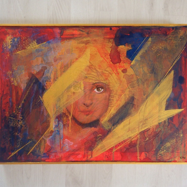 Tableau contemporain sur panneau de bois, doré bleu et rouge, 50 x 36cm, Peinture acrylique