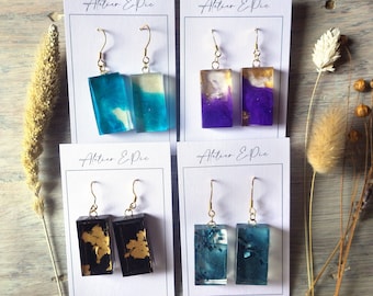 Rectangular resin earrings, Color of your choice blue, black or purple, stainless steel hook