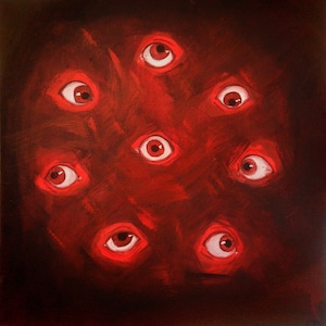 Dessin fantastique, peinture acrylique sur carton, Yeux multiples, décoration murale contemporaine, monochrome de rouge, Style horreur