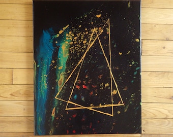 Tableau abstrait Double triangle Fond noir, motifs Or et Turquoise Acrylique sur toile 50x40cm, décoration murale moderne, tableau galaxie