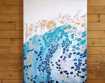 Tableau abstrait technique de coulée, Vague sur la plage, Blanc, Bleu et Sable 61x46cm, Décoration murale moderne, inspiration océan