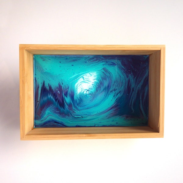 Peinture abstraite sur bambou Décoration à poser ou Vide poche 23x15cm, décoration de table, turquoise et bleu nuit, résine
