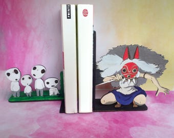 Sujetalibros originales de La Princesa Mononoke, San y Kodama, de madera pintada a mano, hechos por encargo.