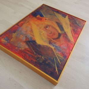 Contemporary painting on wooden panel, gold blue and red, 50 x 36cm, Acrylic paint image 3