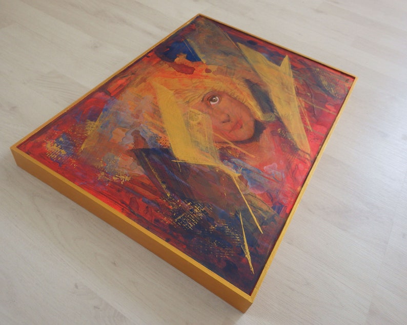 Contemporary painting on wooden panel, gold blue and red, 50 x 36cm, Acrylic paint image 3