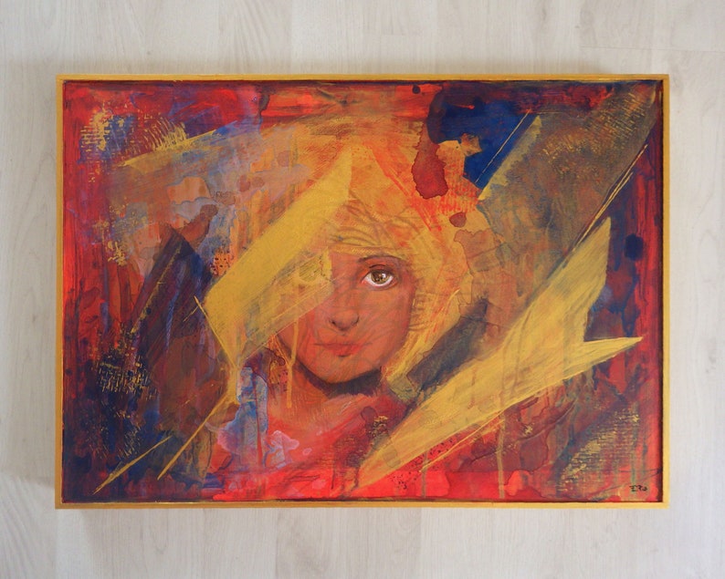 Contemporary painting on wooden panel, gold blue and red, 50 x 36cm, Acrylic paint image 1