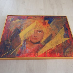 Contemporary painting on wooden panel, gold blue and red, 50 x 36cm, Acrylic paint image 4