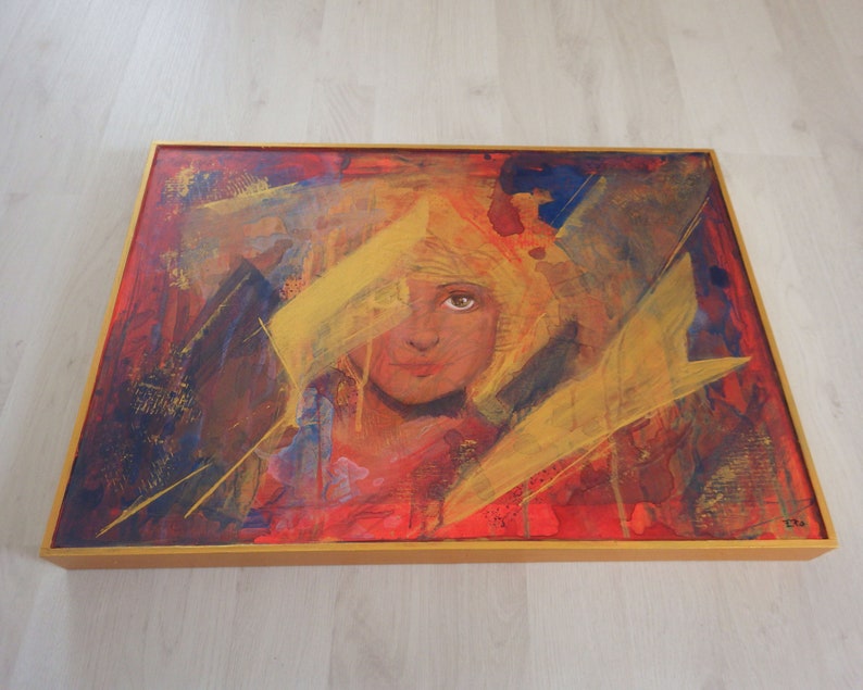 Contemporary painting on wooden panel, gold blue and red, 50 x 36cm, Acrylic paint image 4