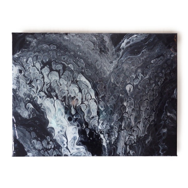 Tableau abstrait Noir et Gris en coulée, Déco moderne vibrante 30x40cm, Acrylique sur toile, Art mural contemporain, Bulles liquides