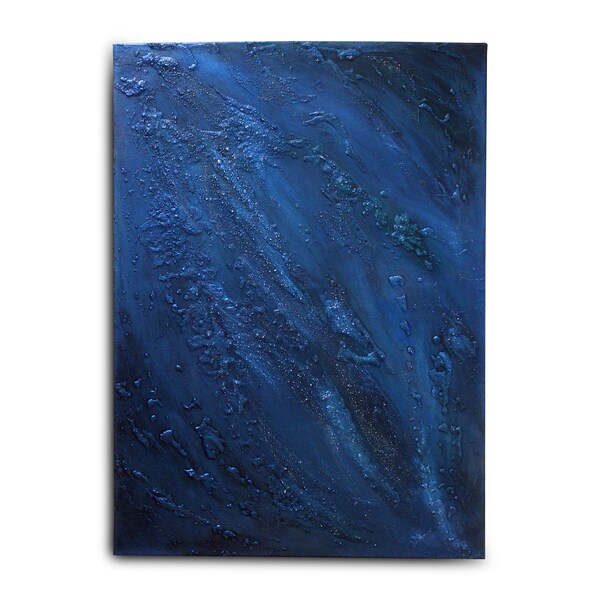 Tableau abstrait contemporain Bleu nacré sur toile texturée en relief 70x50cm, décoration murale, pièce unique fait main