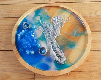 Embossed blue crystal jewelry tray, bamboo and resin, 24cm diameter, jewelry storage, keys, modern and design empty pocket