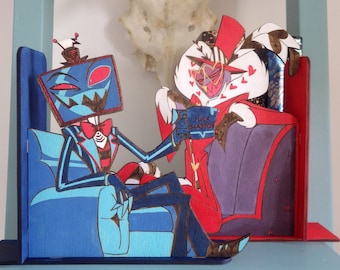 Sujetalibros originales VoxVal, Vox y Valentino, sujetalibros de madera pintados a mano de Hazbin Hotel, sujetalibros hechos a medida