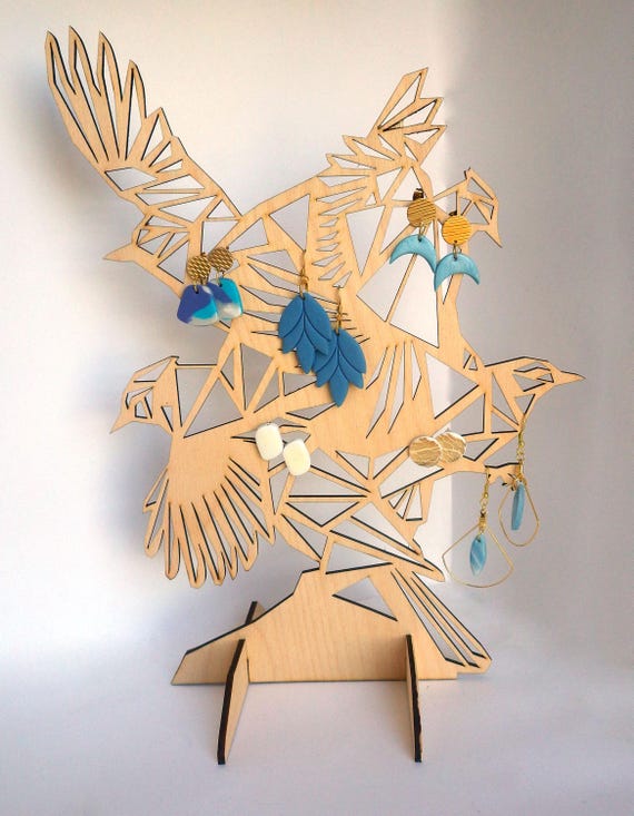 Porte Boucle d'oreille Oiseaux en bois, rangement à bijoux, décoration à poser, organisation de boucles d'oreilles, envolée de Geais bleus