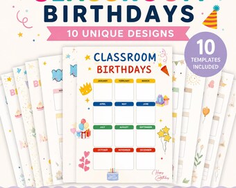 教室用誕生日トラッカーセット - 編集可能なCanvaテンプレート10種類 - 教師向け印刷可能誕生日カレンダー - 教室整理カレンダー
