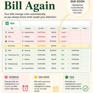Gestor de facturas - Plantilla de hoja de cálculo de presupuesto mensual - Seguimiento de facturas mensuales - Calendario de facturas - Planificador de presupuesto de Google Sheets - Seguimiento financiero imagen 2