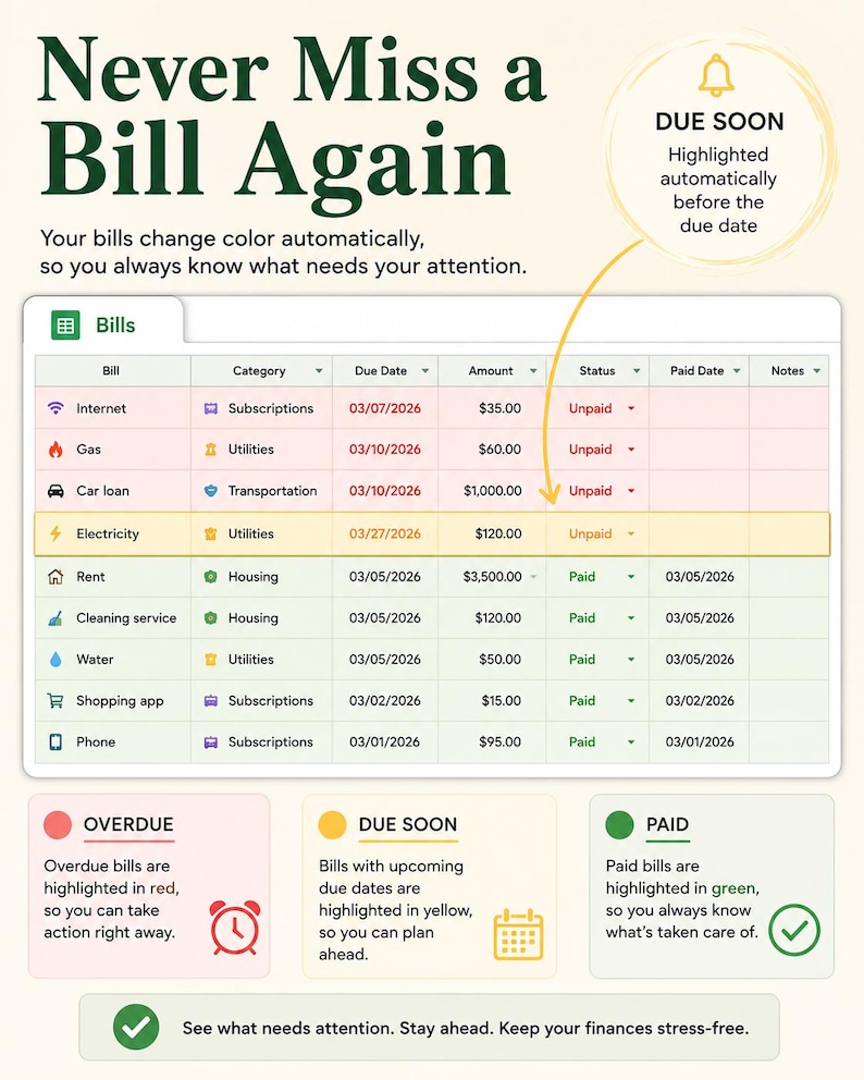 Gestor de facturas - Plantilla de hoja de cálculo de presupuesto mensual - Seguimiento de facturas mensuales - Calendario de facturas - Planificador de presupuesto de Google Sheets - Seguimiento financiero imagen 2