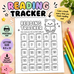 Può includere: Una scheda di monitoraggio della lettura stampabile con un design a linee in bianco e nero che mostra un gatto che tiene un libro e venticinque icone di libri numerate da colorare. Il testo recita Reading Tracker e Color a book every time you finish reading one.