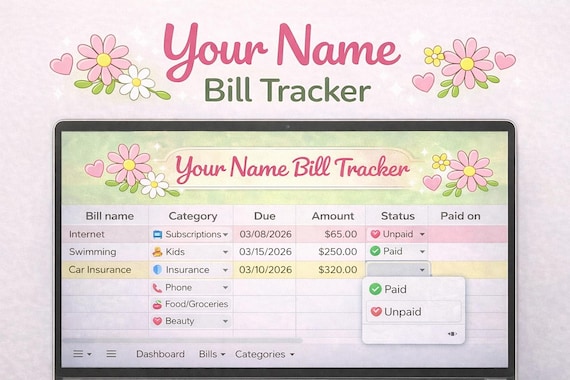 Bill Tracker Google Sheets, Monthly Bill Payment Tracker, Bill organizer Spreadsheet, Budget Template, Cute Editable Monthly Finance Tracker