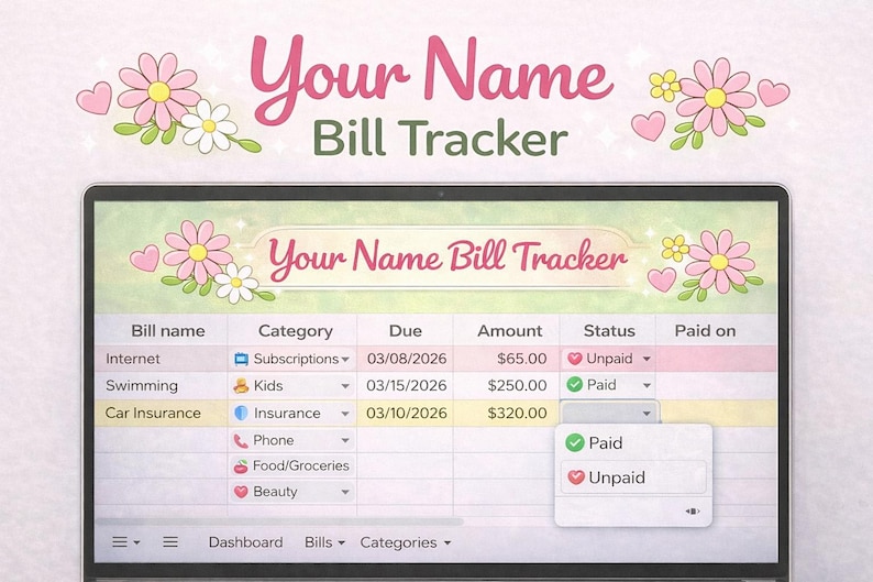 Bill Tracker Google Sheets, Monthly Bill Payment Tracker, Bill organizer Spreadsheet, Budget Template, Cute Editable Monthly Finance Tracker image 1