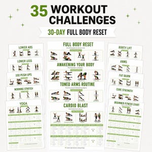 Puede incluir: Una colección de 35 hojas de desafíos de entrenamiento tituladas 30-Day Full Body Reset. Las páginas blancas presentan texto verde, ilustraciones de ejercicios y cuadrículas de seguimiento diario para rutinas como Yoga y Cardio Blast.