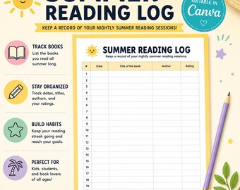 子供向け夏休み読書記録、印刷可能な読書トラッカー、夏休み読書チャレンジ、読書記録テンプレート、読書ジャーナルPDF