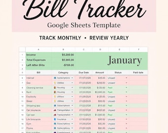 Control de facturas - Hoja de cálculo de presupuesto - Planificador de presupuesto - Presupuesto en Google Sheets - Hoja de cálculo de presupuesto mensual - Rastreador financiero - Plantilla de presupuesto