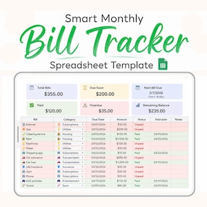 Bill Tracker - Monthly Budget Spreadsheet Template - Monthly Bills Tracker - Bill Calendar - Google Sheets Budget Planner - Finance Tracker