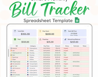 Bill Tracker - Monthly Budget Spreadsheet Template - Monthly Bills Tracker - Bill Calendar - Google Sheets Budget Planner - Finance Tracker